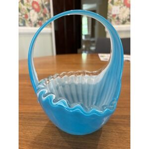 Art Glass Turquoise and White Basket Vase Murano Style 2355B